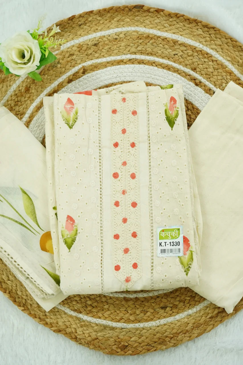 Ivory Blossom Hand-Printed Unstitched Kurti Set