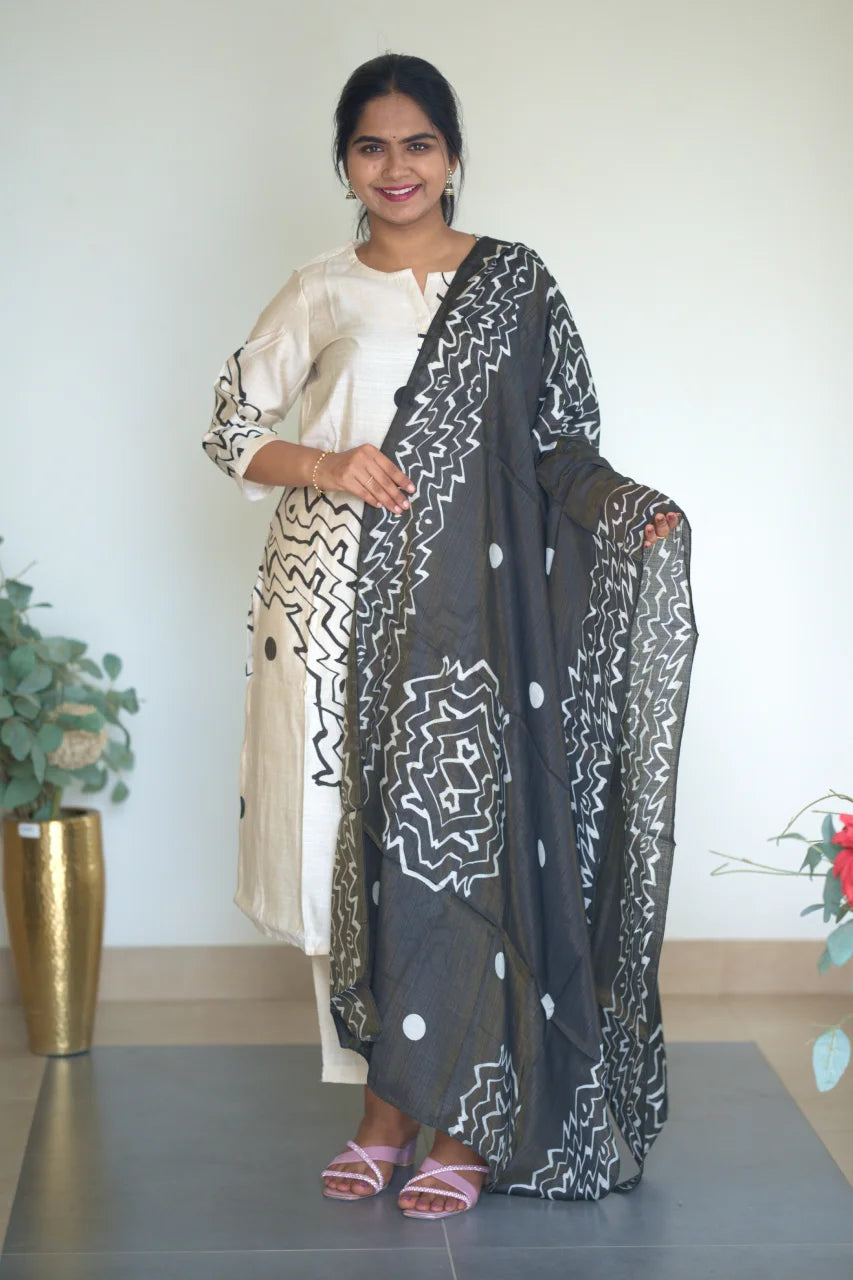 Ivory Kurti with Black Ethnic Print Dupatta Set
