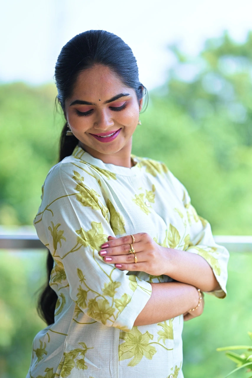 Ivory Leaf Printed Straight Kurti
