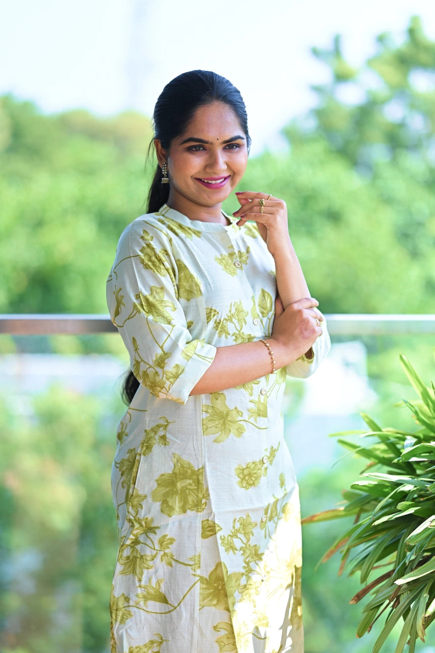 Ivory Leaf Printed Straight Kurti