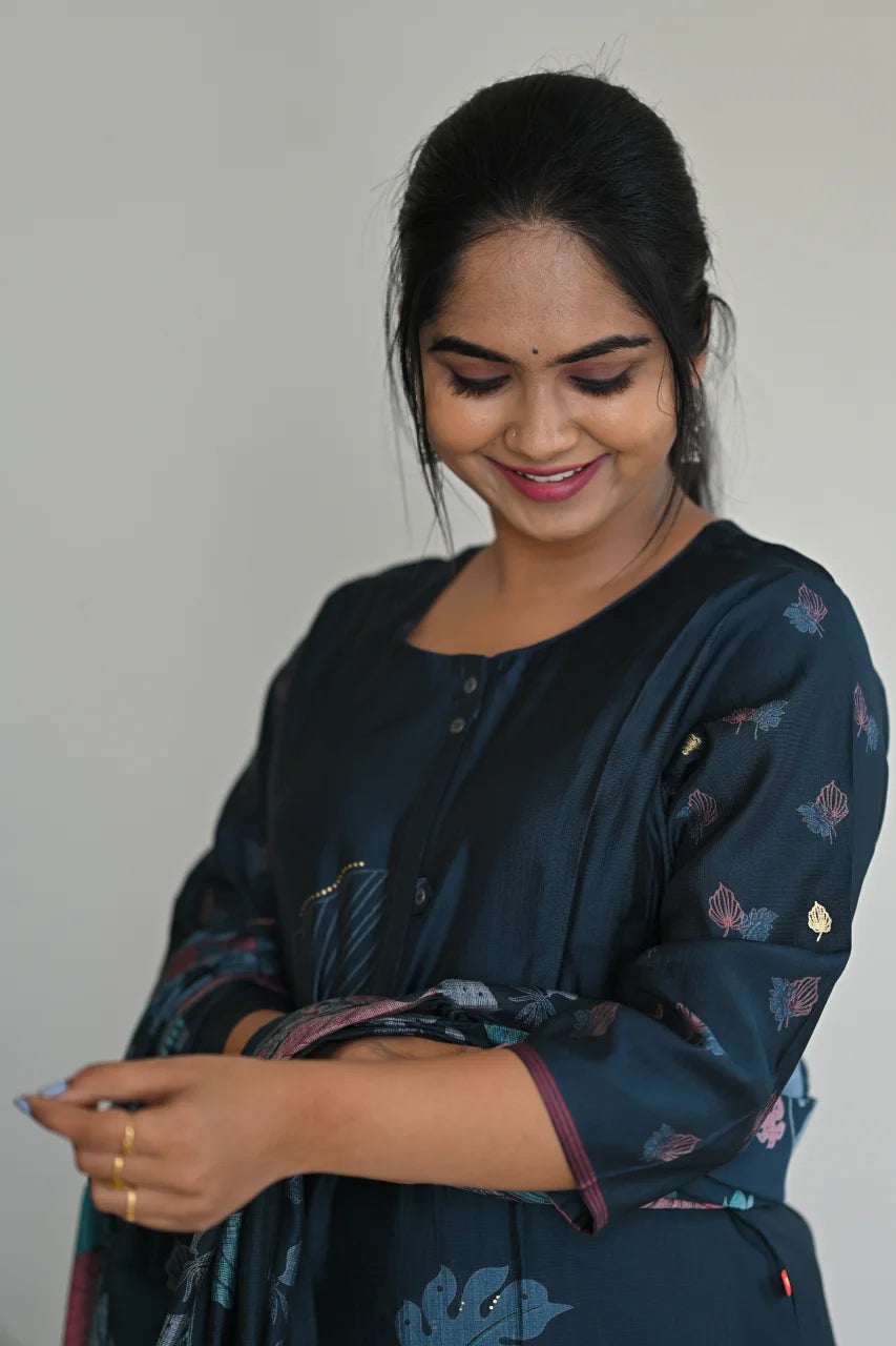 Teal Blue Leaf Printed Cotton Straight Kurta Set with Pant & Dupatta