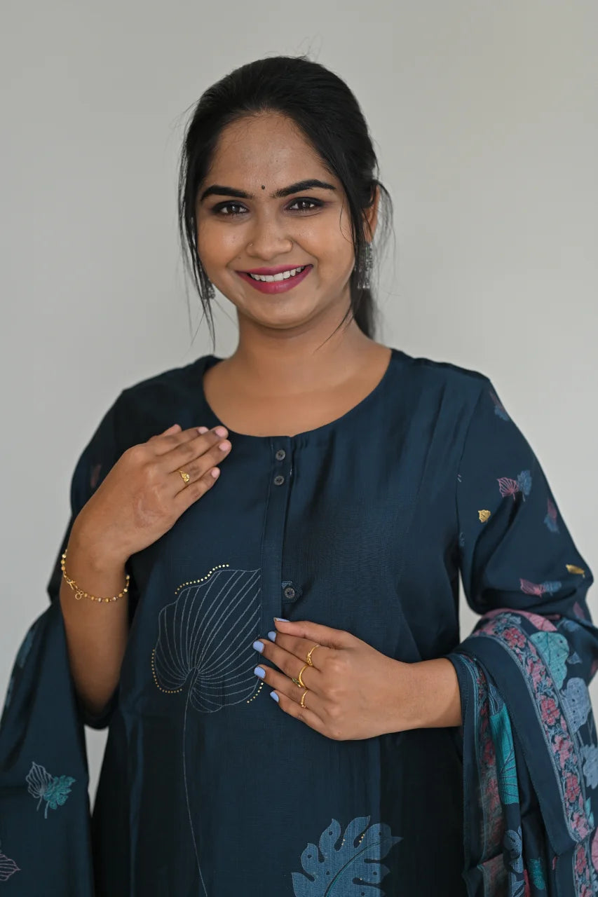 Teal Blue Leaf Printed Cotton Straight Kurta Set with Pant & Dupatta