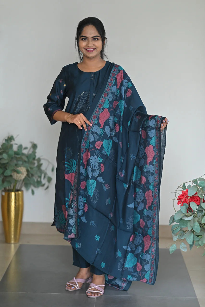 Teal Blue Leaf Printed Cotton Straight Kurta Set with Pant & Dupatta