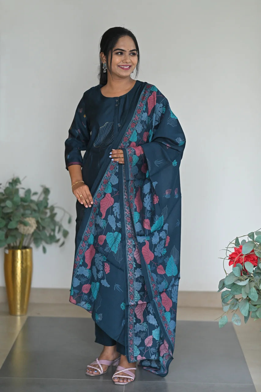 Teal Blue Leaf Printed Cotton Straight Kurta Set with Pant & Dupatta