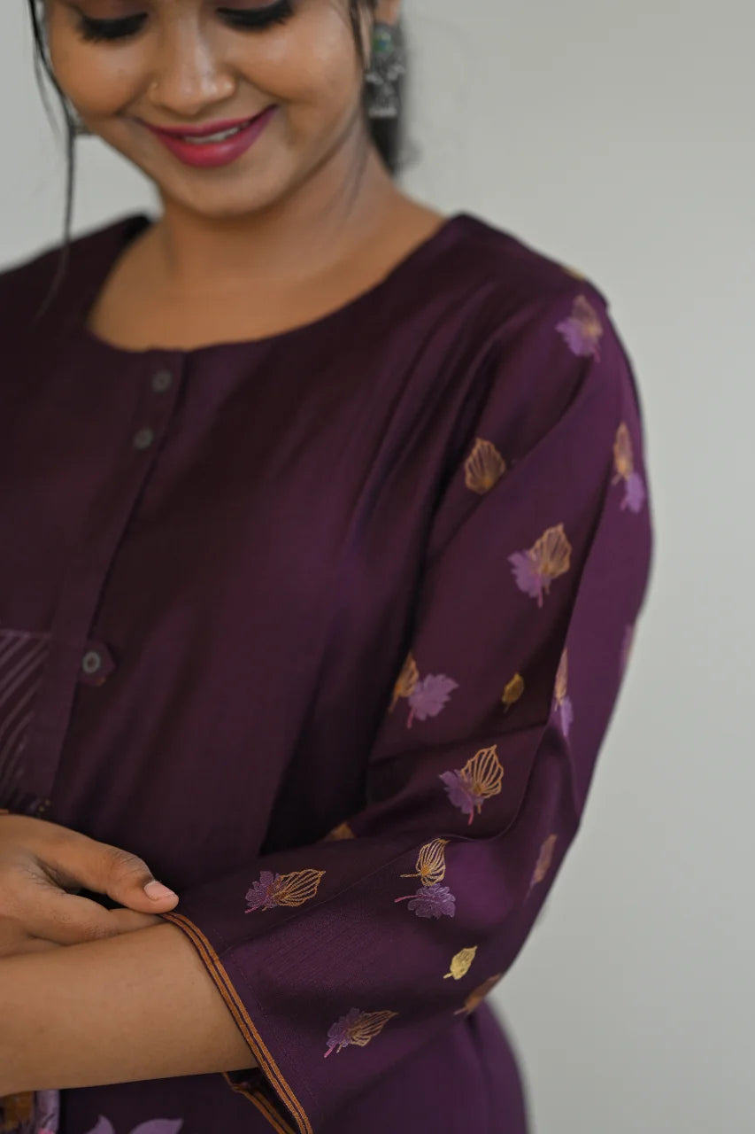 Dark Purple Floral Printed Cotton Straight Kurta Set with Pant & Dupatta