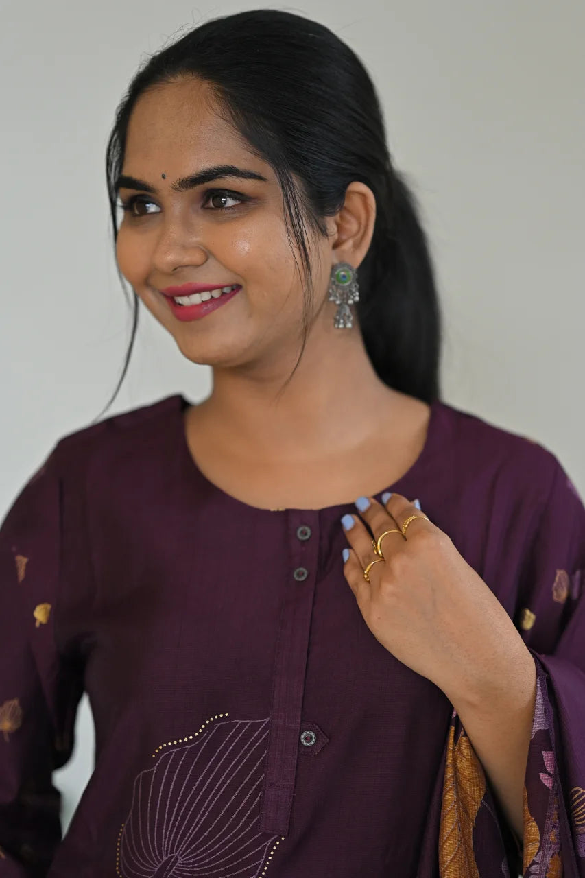 Dark Purple Floral Printed Cotton Straight Kurta Set with Pant & Dupatta
