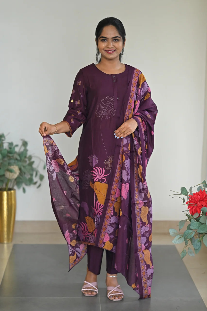 Dark Purple Floral Printed Cotton Straight Kurta Set with Pant & Dupatta