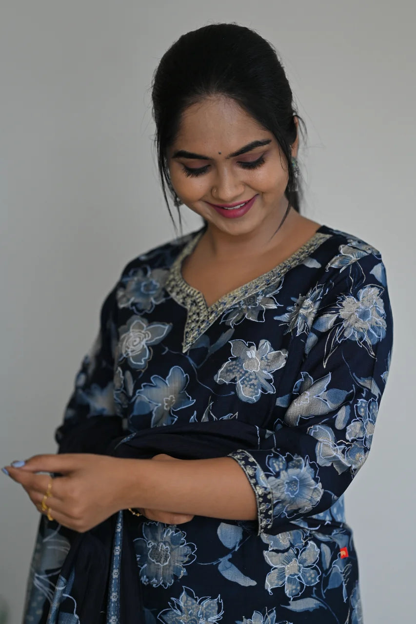 Ink Blue Floral Printed Cotton Straight Kurta Set with Pant & Dupatta