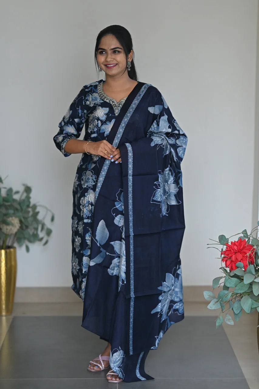 Ink Blue Floral Printed Cotton Straight Kurta Set with Pant & Dupatta