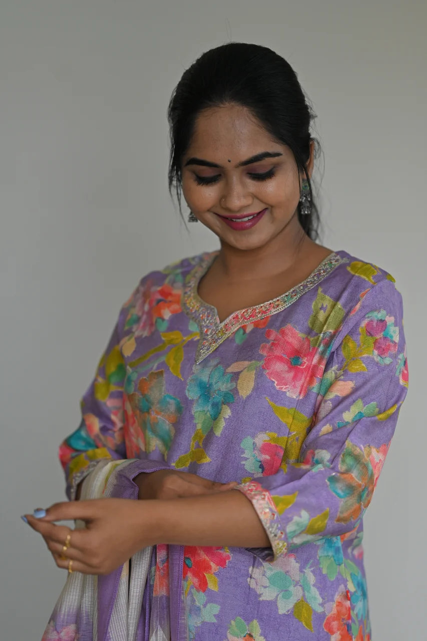 Lavender Floral Printed Cotton Straight Kurta Set with Mirror Work & Dupatta