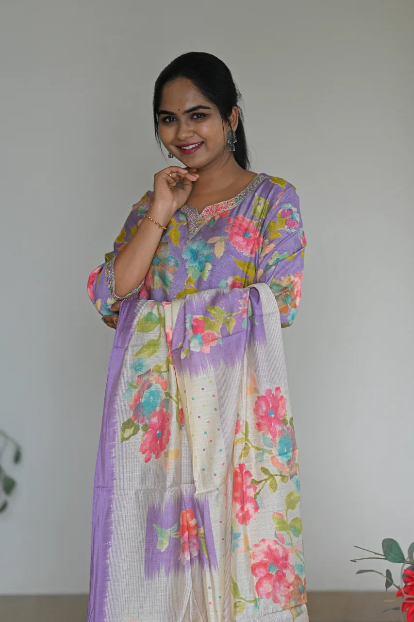 Lavender Floral Printed Cotton Straight Kurta Set with Mirror Work & Dupatta