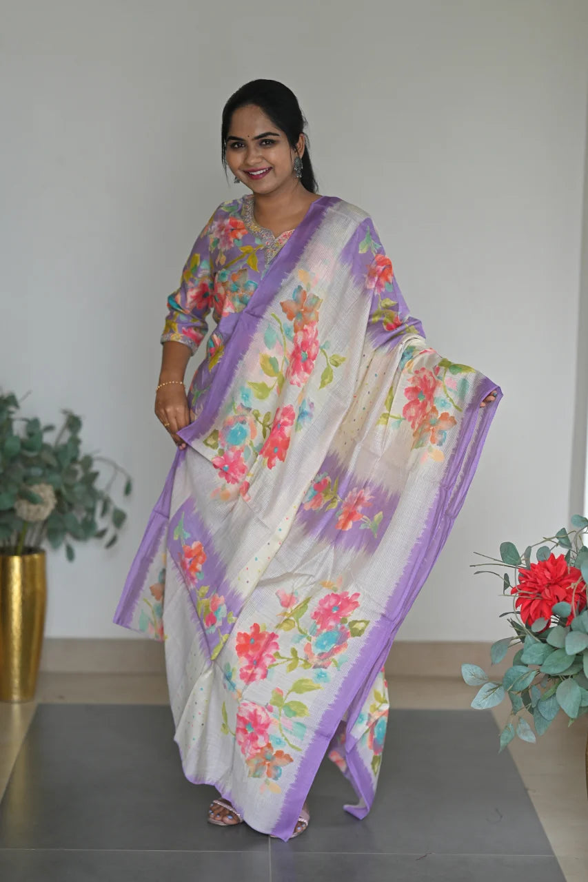 Lavender Floral Printed Cotton Straight Kurta Set with Mirror Work & Dupatta