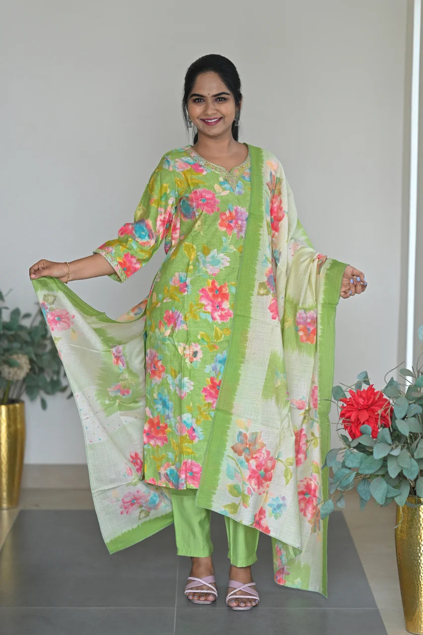 Light Green Floral Printed Cotton Straight Kurta Set with Pant & Dupatta