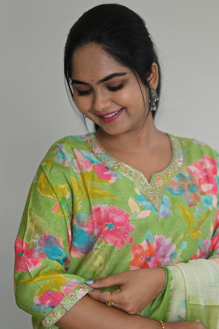 Light Green Floral Printed Cotton Straight Kurta Set with Pant & Dupatta