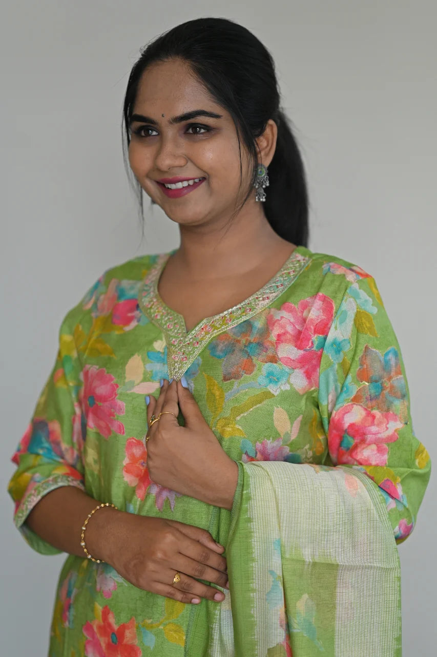 Light Green Floral Printed Cotton Straight Kurta Set with Pant & Dupatta