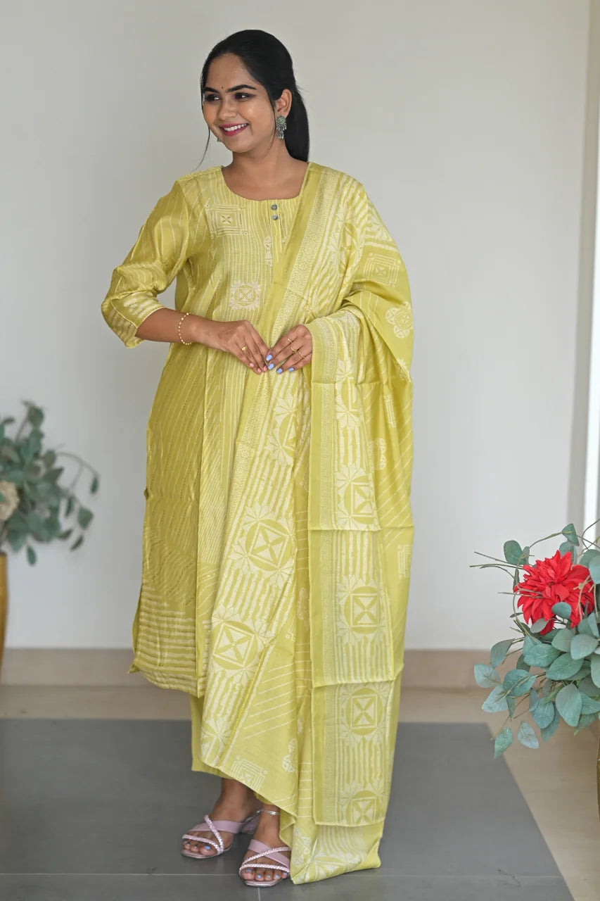 Light Yellow Geometric Printed Cotton Straight Kurta Set with Pant & Dupatta