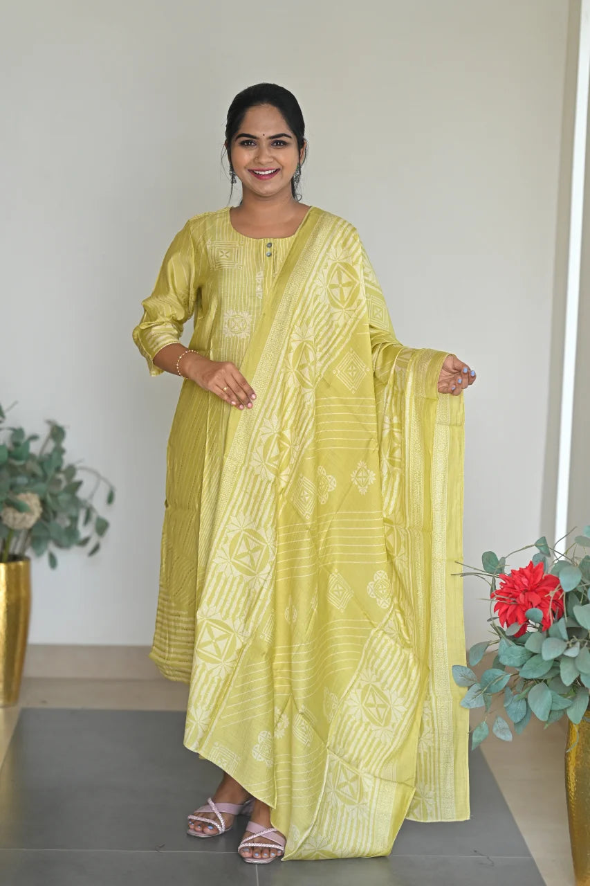 Light Yellow Geometric Printed Cotton Straight Kurta Set with Pant & Dupatta