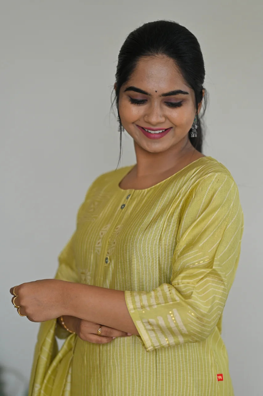 Light Yellow Geometric Printed Cotton Straight Kurta Set with Pant & Dupatta