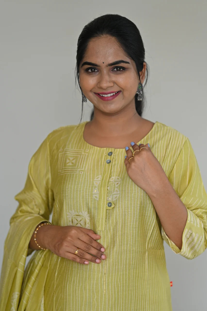 Light Yellow Geometric Printed Cotton Straight Kurta Set with Pant & Dupatta