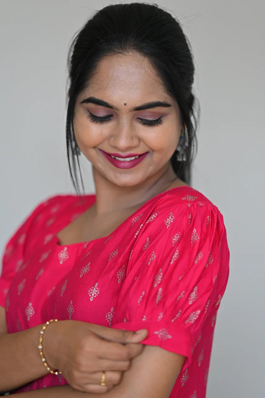 Women's Rani Pink Rayon Tiered Midi Dress with Gold Ethnic Prints