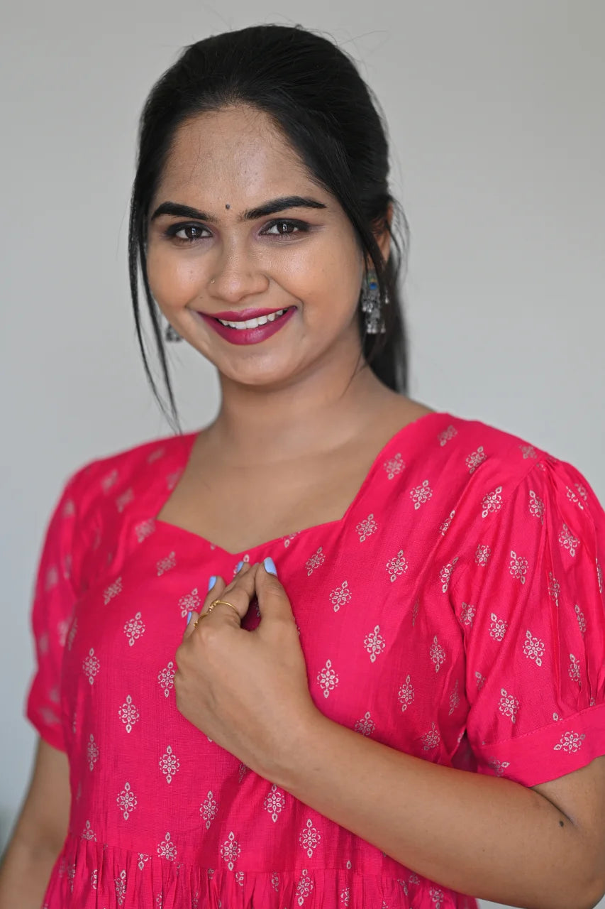 Women's Rani Pink Rayon Tiered Midi Dress with Gold Ethnic Prints