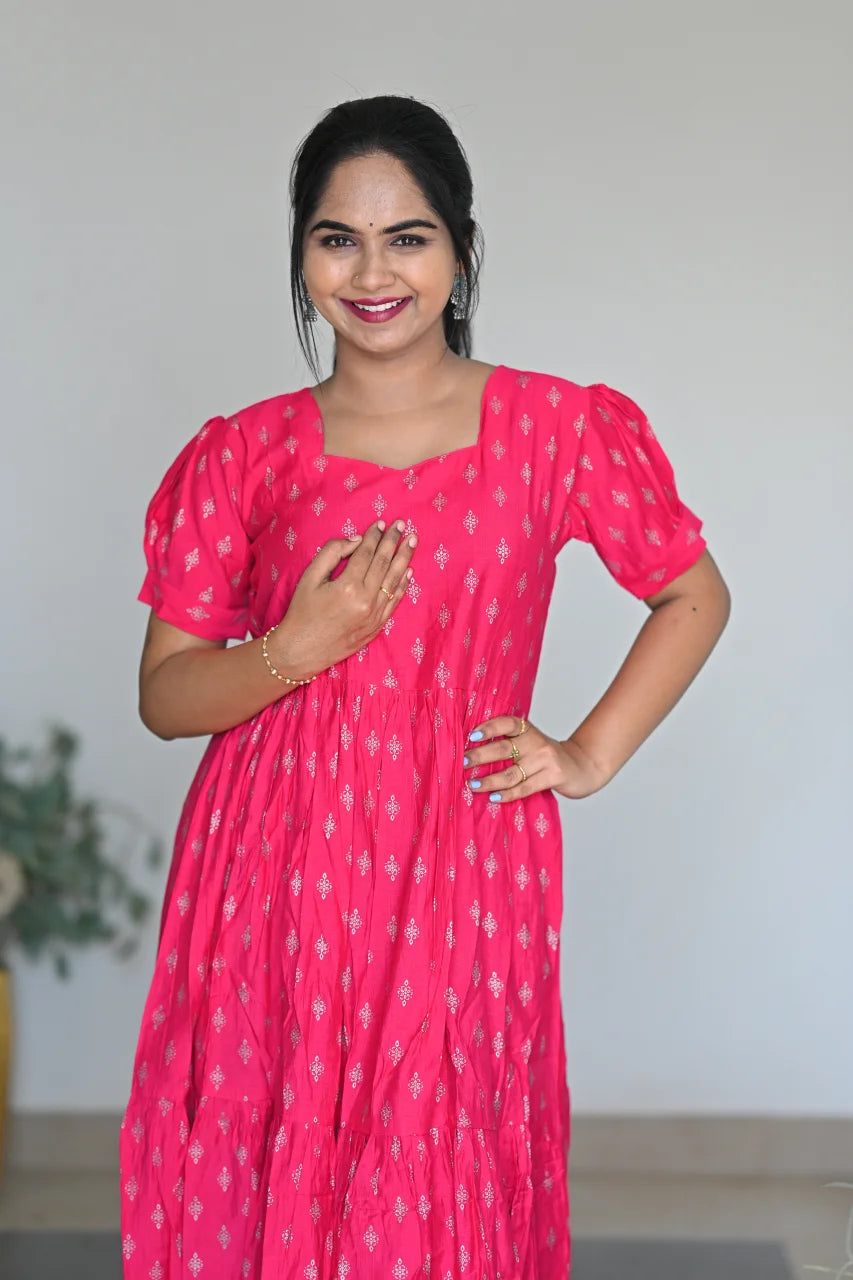 Women's Rani Pink Rayon Tiered Midi Dress with Gold Ethnic Prints