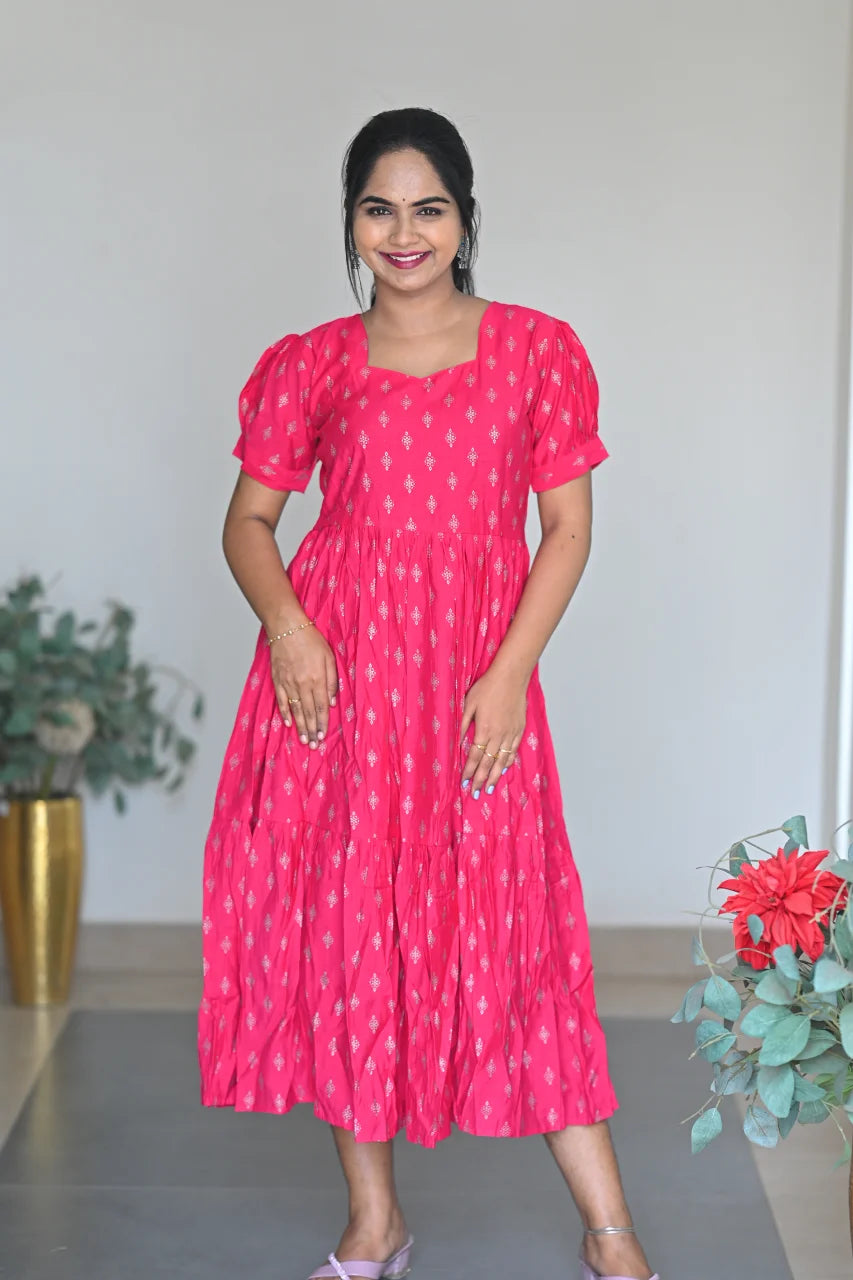 Women's Rani Pink Rayon Tiered Midi Dress with Gold Ethnic Prints