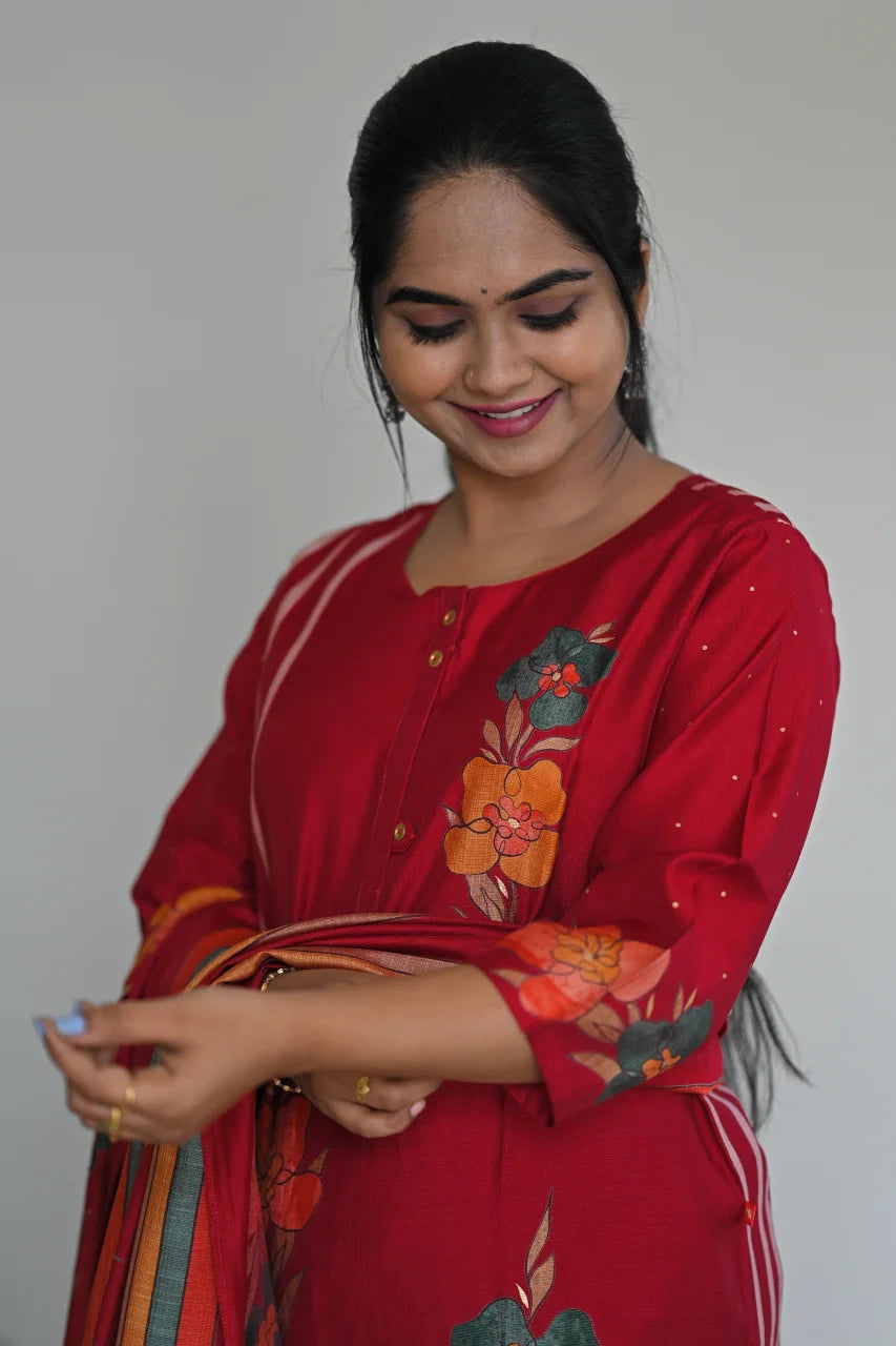 Red Floral & Striped Printed Cotton Straight Kurta Set with Pant & Dupatta
