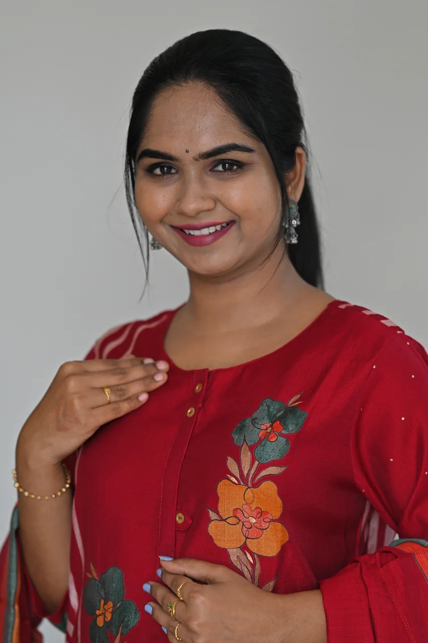 Red Floral & Striped Printed Cotton Straight Kurta Set with Pant & Dupatta