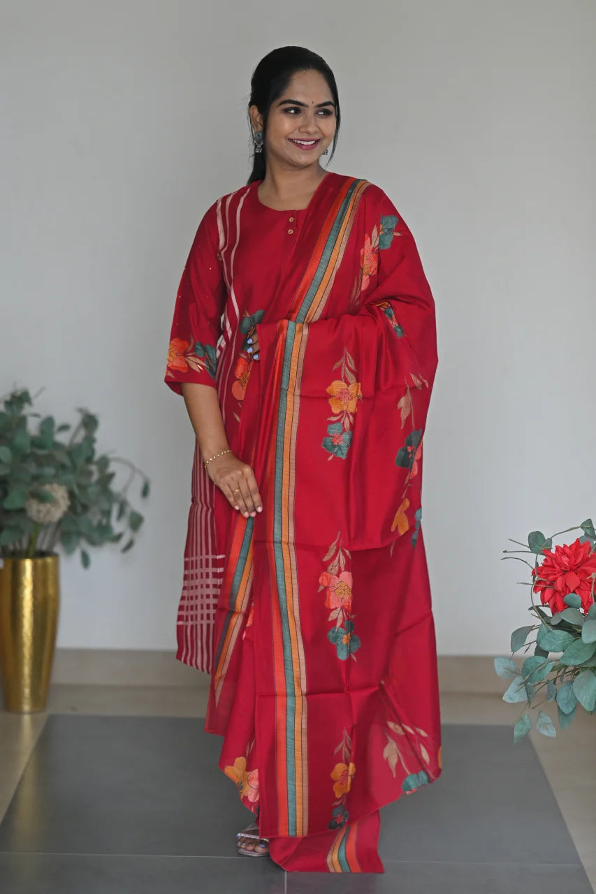 Red Floral & Striped Printed Cotton Straight Kurta Set with Pant & Dupatta