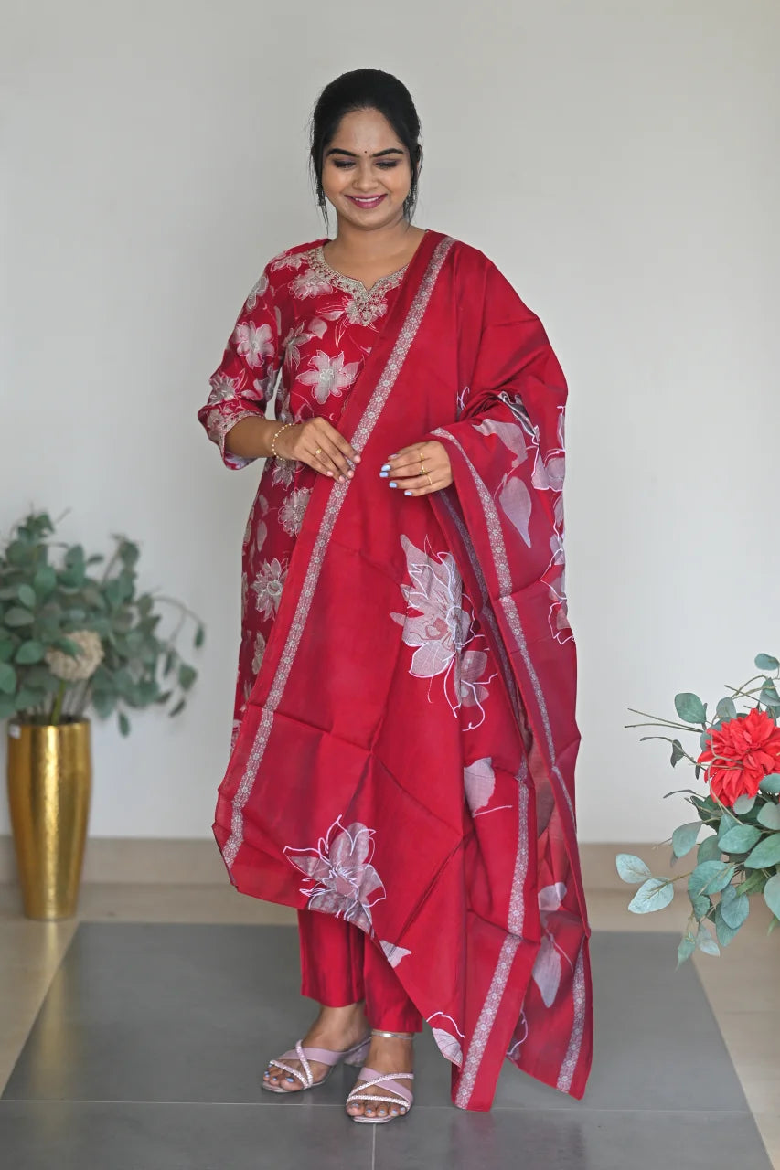 Red Silver Floral Printed Cotton Straight Kurta Set with Pant & Dupatta