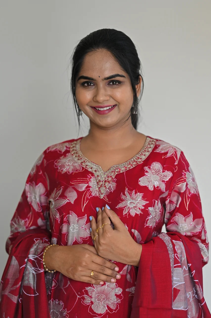 Red Silver Floral Printed Cotton Straight Kurta Set with Pant & Dupatta