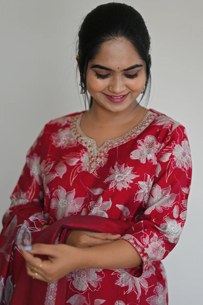 Red Silver Floral Printed Cotton Straight Kurta Set with Pant & Dupatta