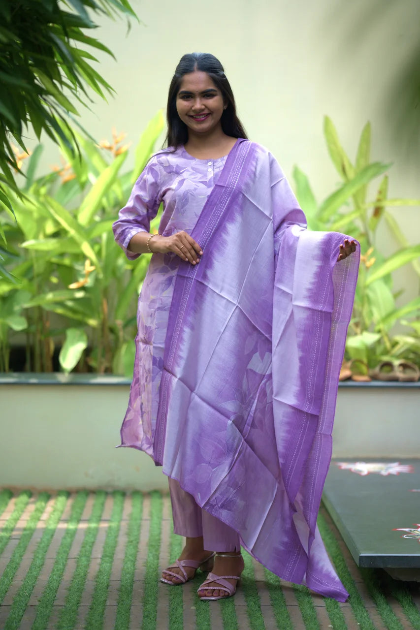 Lavender Floral Printed Kurti Set with Dupatta