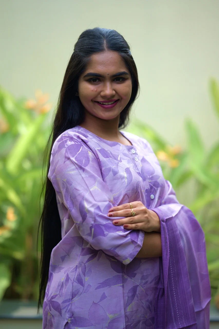 Lavender Floral Printed Kurti Set with Dupatta