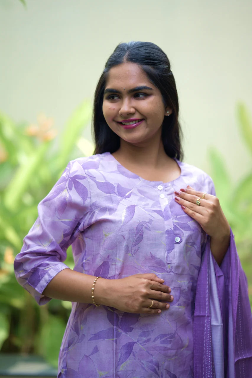 Lavender Floral Printed Kurti Set with Dupatta
