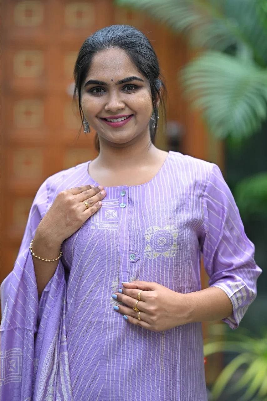 Lavender Geometric Print Kurti with Dupatta