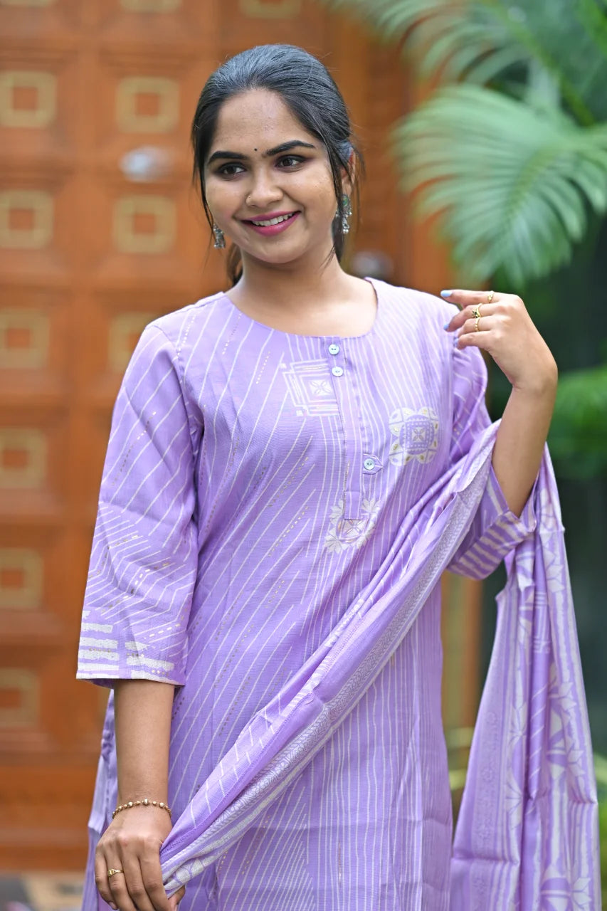Lavender Geometric Print Kurti with Dupatta