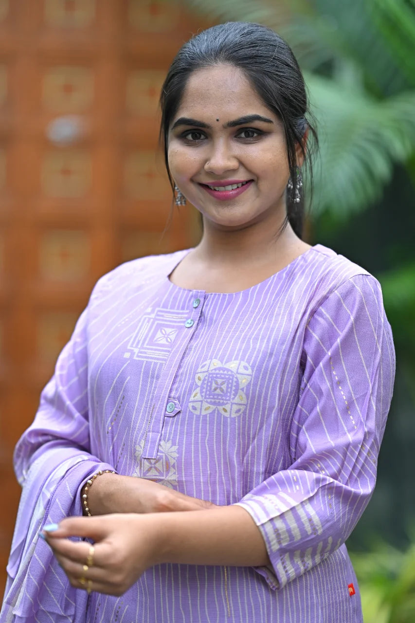 Lavender Geometric Print Kurti with Dupatta