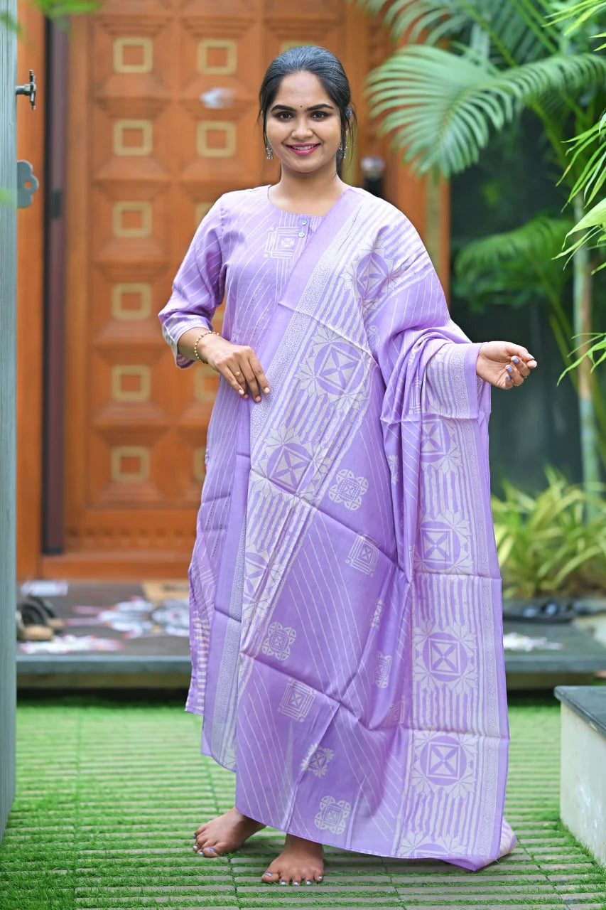 Lavender Geometric Print Kurti with Dupatta