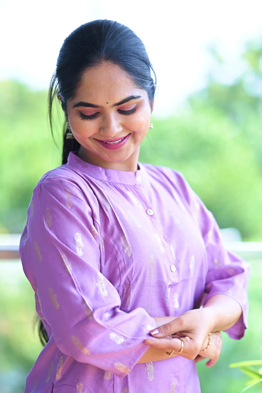 Lavender Gold Foil Print Straight Kurti