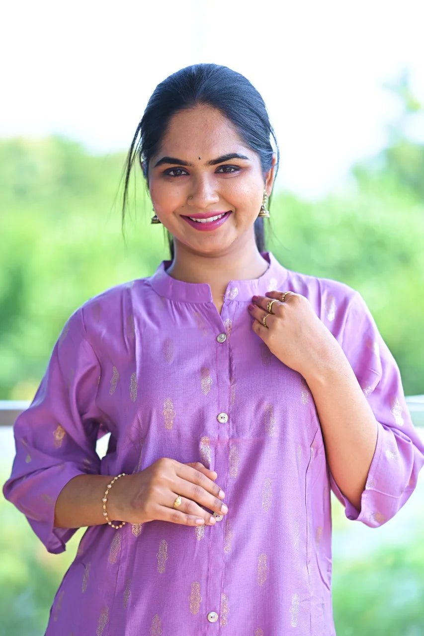 Lavender Gold Foil Print Straight Kurti