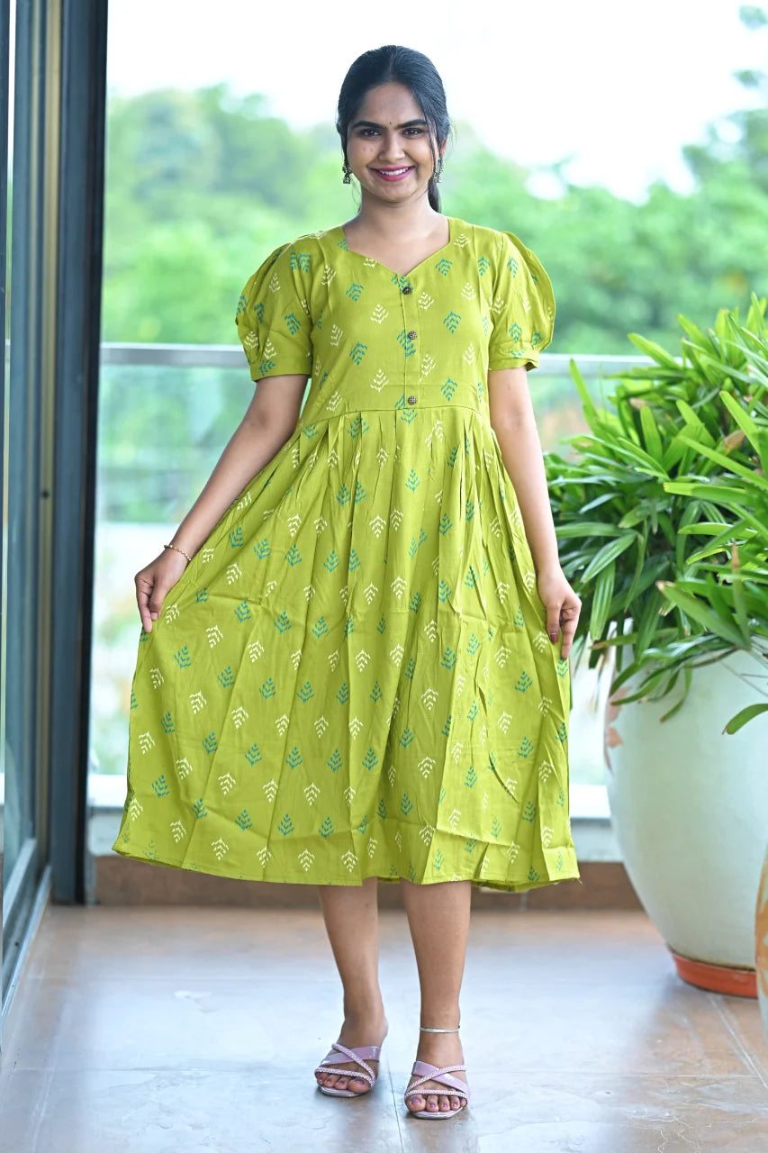 Lime Green Printed Cotton Fit & Flare Dress