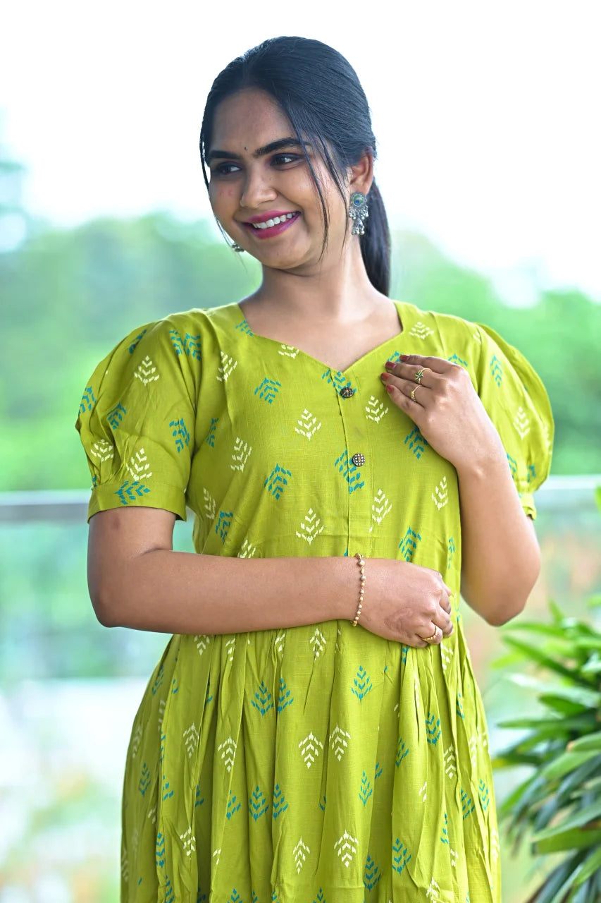Lime Green Printed Cotton Fit & Flare Dress