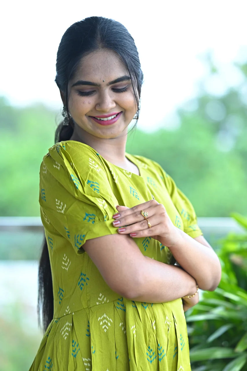 Lime Green Printed Cotton Fit & Flare Dress