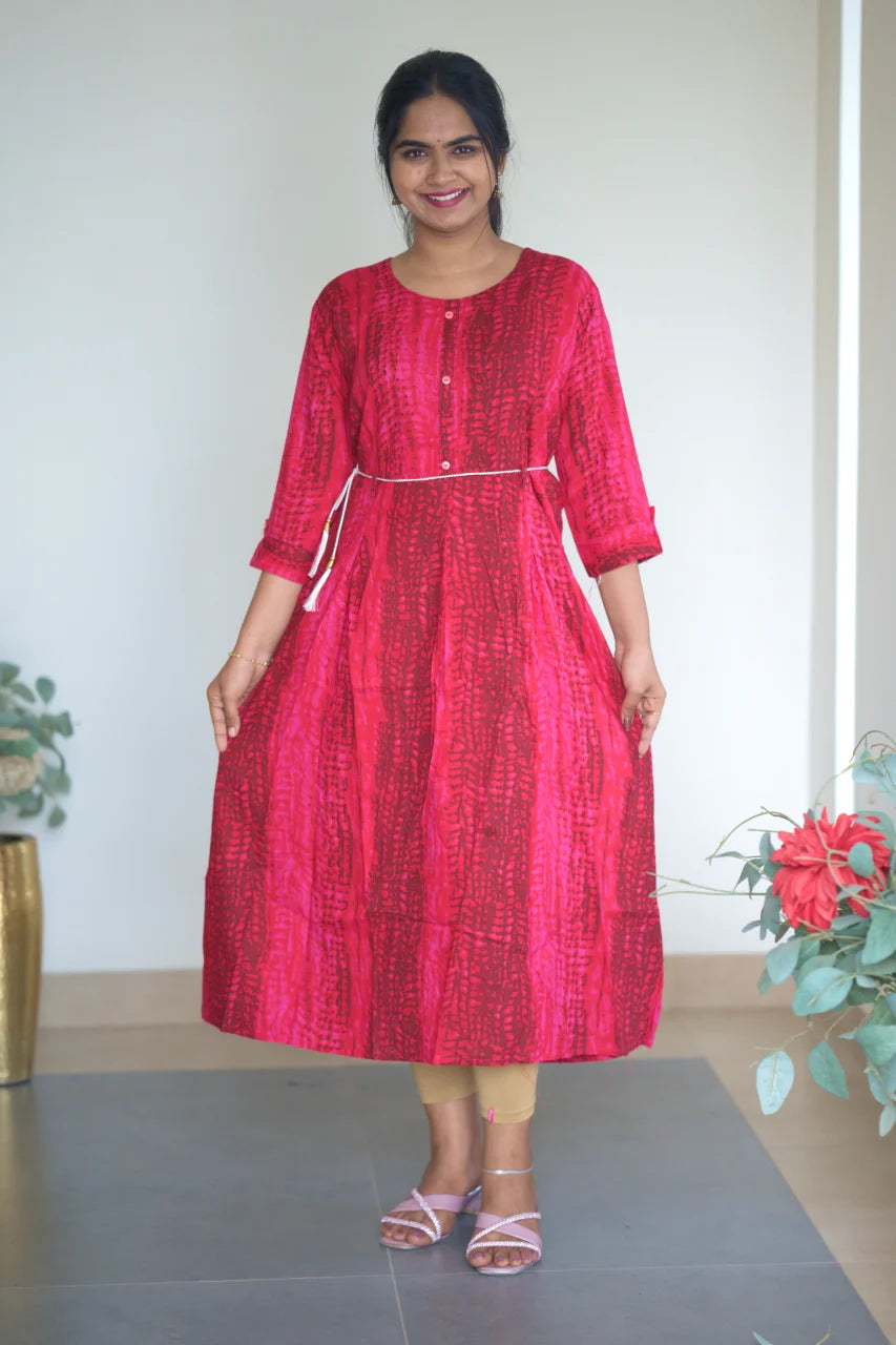 Magenta Red Printed Cotton A-Line Kurti with Detachable Waist Belt