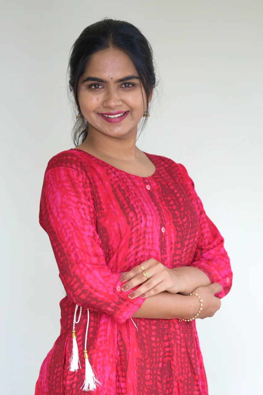 Magenta Red Printed Cotton A-Line Kurti with Detachable Waist Belt