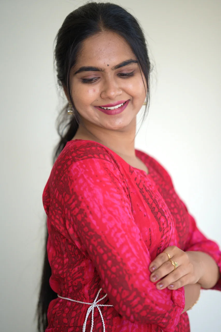 Magenta Red Printed Cotton A-Line Kurti with Detachable Waist Belt