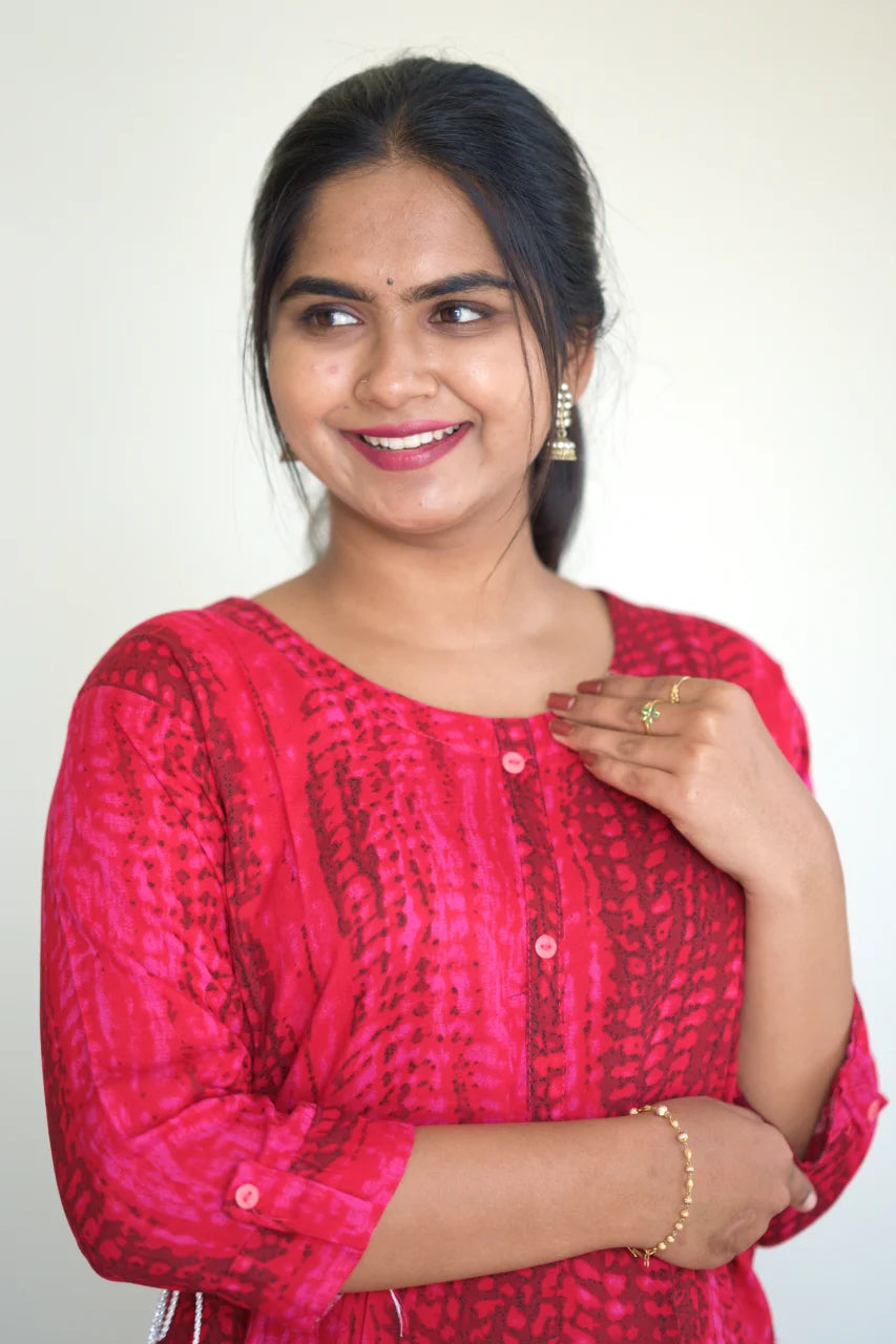 Magenta Red Printed Cotton A-Line Kurti with Detachable Waist Belt