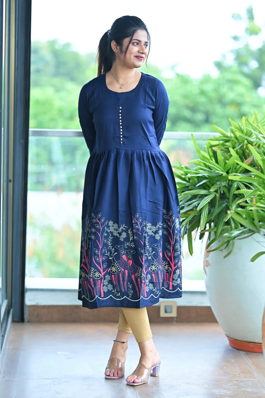 Midnight Blue Floral Border Cotton A-Line Kurti
